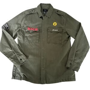 Forever 21  Y2K Men Olive Green Graphic Military Jacket Streetwear Size M